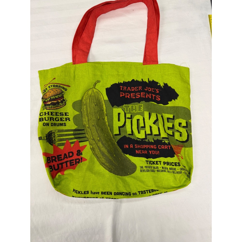 Trader Joes The Pickles Retired Canvas Tote Bag Green Red Retro Graphic Grocery